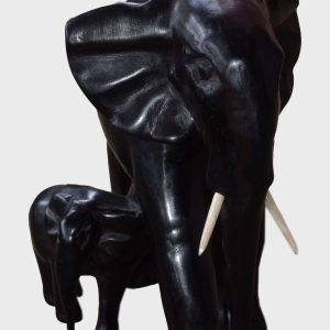 Hand-Carved African Wooden Elephant Sculpture – Mother & Baby Figurine