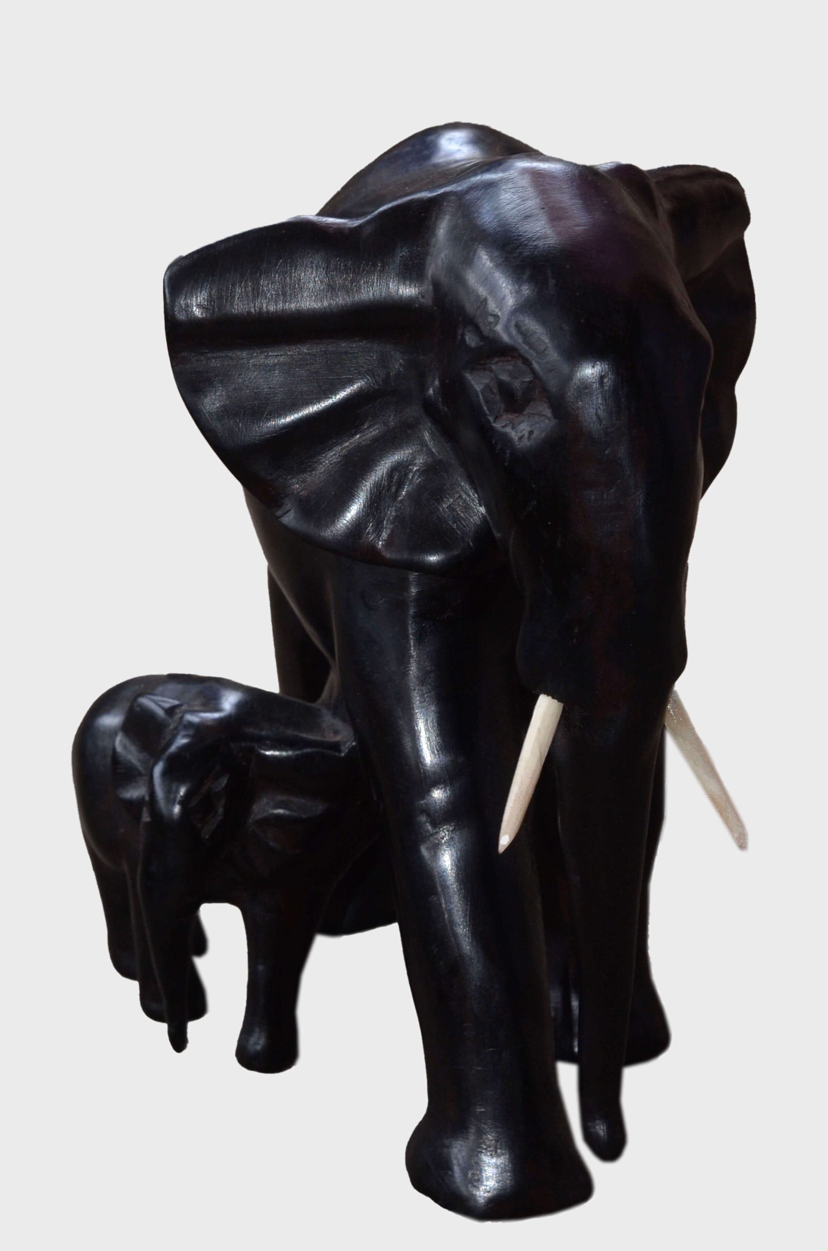 Hand-Carved African Wooden Elephant Sculpture – Mother & Baby Figurine