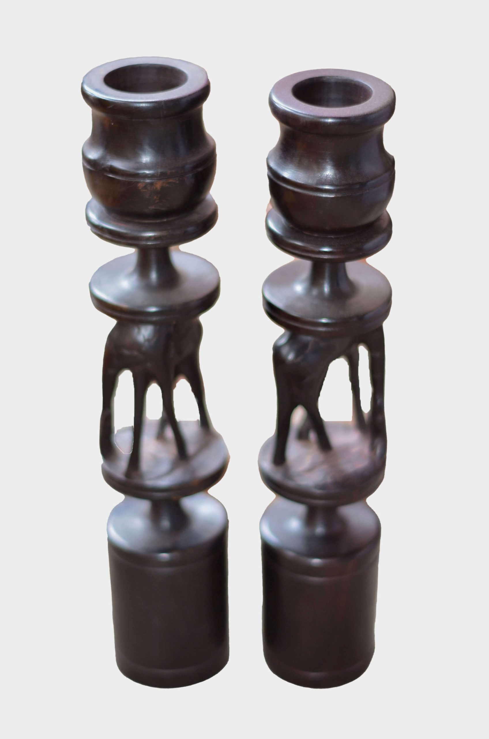 African Hand Carved Wooden Candle Holders Set – Tribal Animal Wood Candle Sticks
