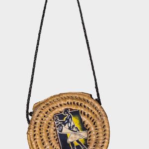 Handwoven Round Rattan Crossbody Bag with Vintage Art Patch
