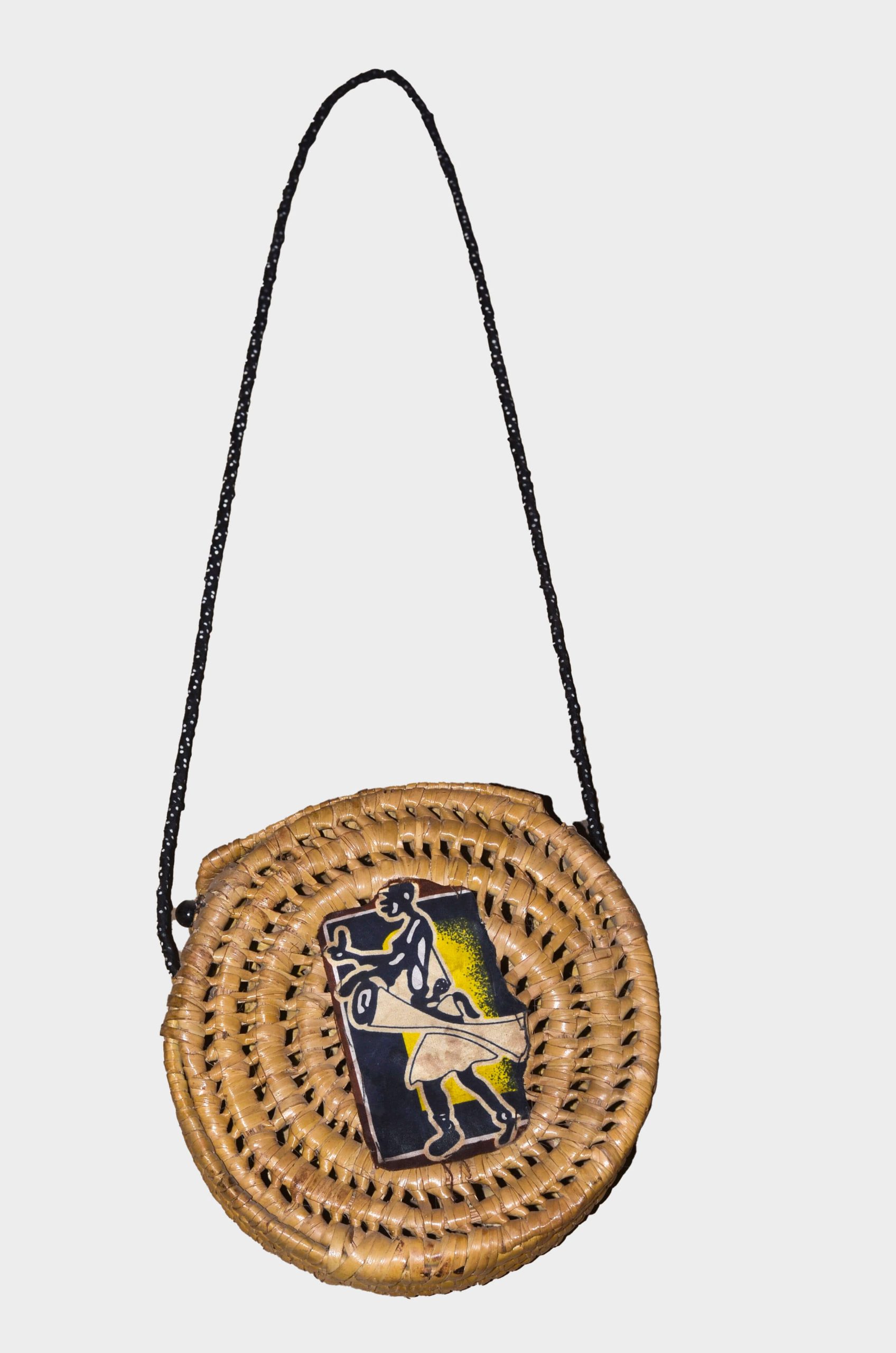 Handwoven Round Rattan Crossbody Bag with Vintage Art Patch