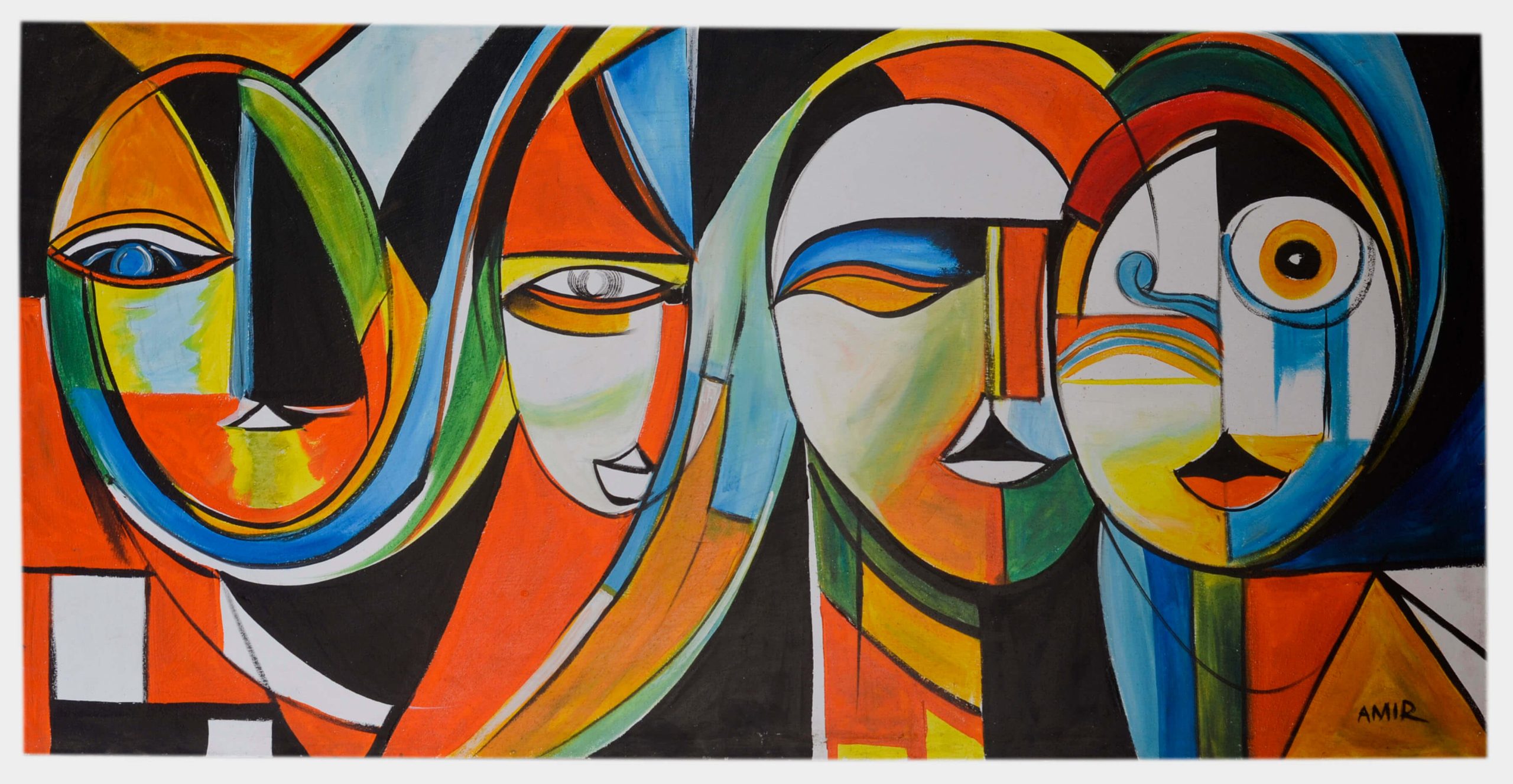 Abstract Cubist Faces Wall Art – Colorful Modern Portrait Canvas Painting