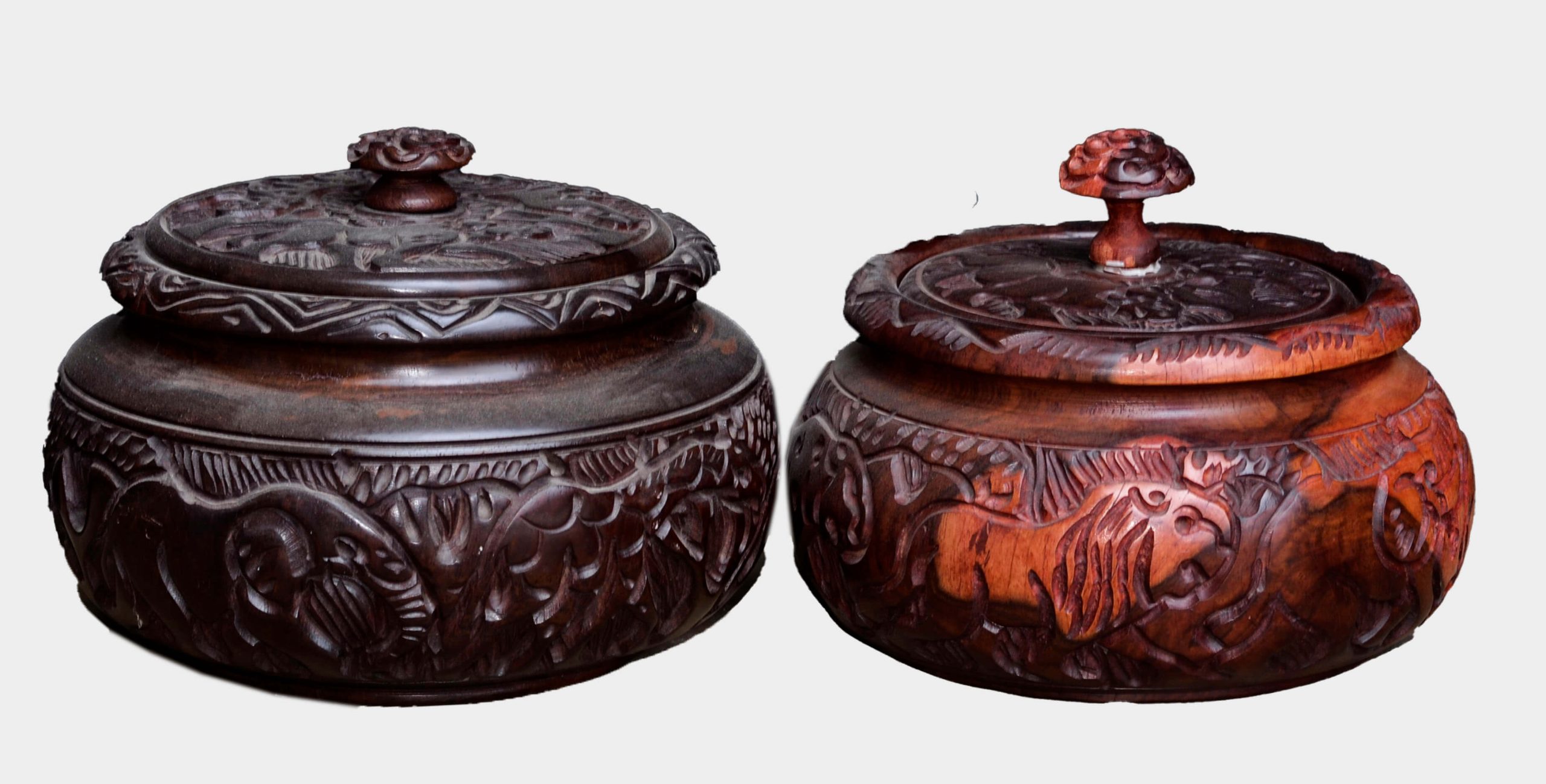 Hand-Carved Wooden Storage Jar with Lid – Elephant Motif Decorative Box