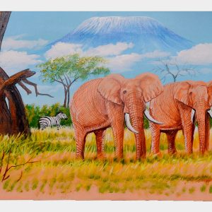 African Safari Wildlife Painting – Lion and Elephant Landscape Wall Art