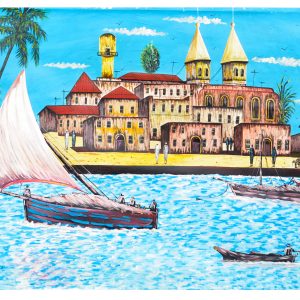 Coastal Harbor Village Painting – Colorful Tropical Seaside Wall Art