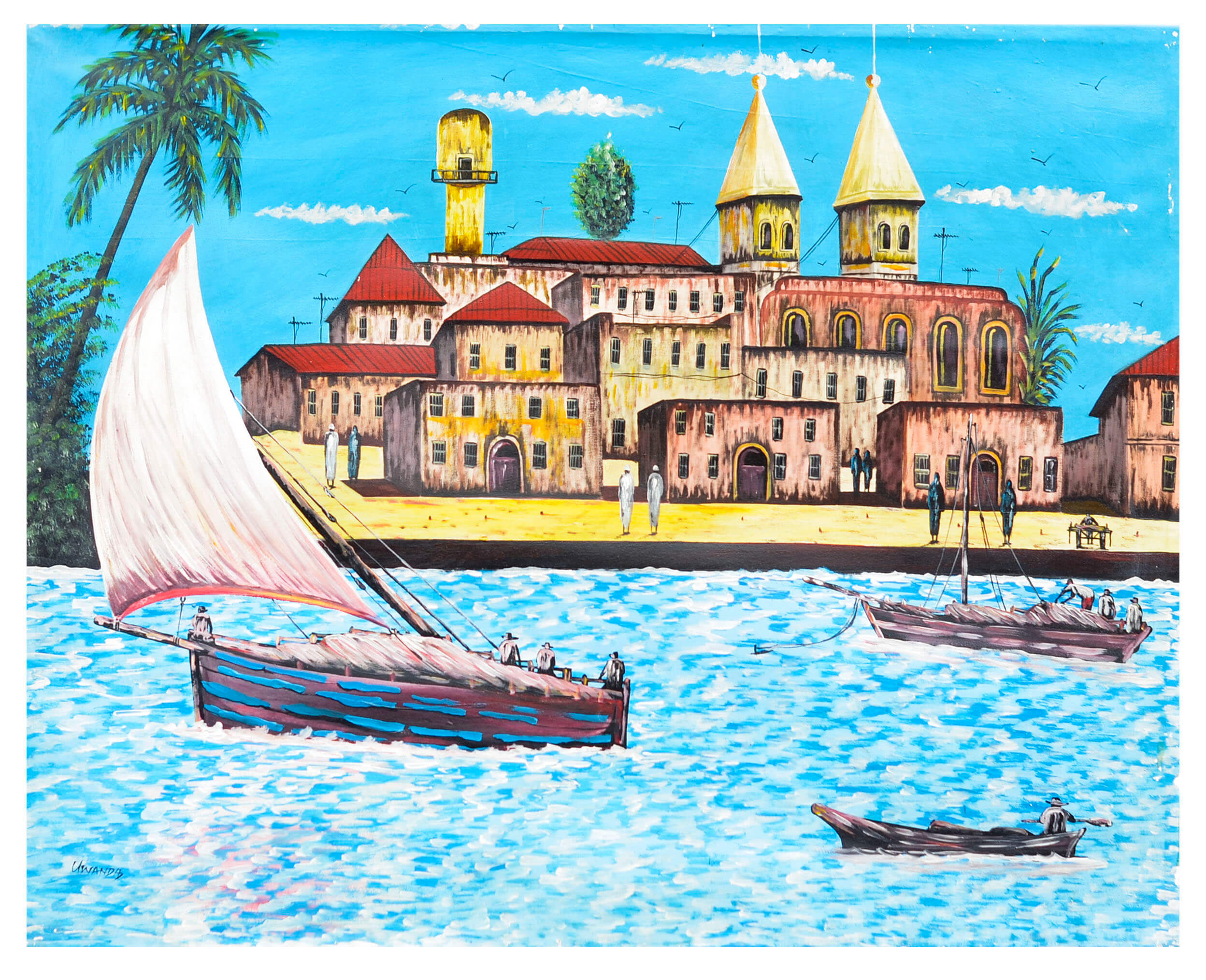 Coastal Harbor Village Painting – Colorful Tropical Seaside Wall Art