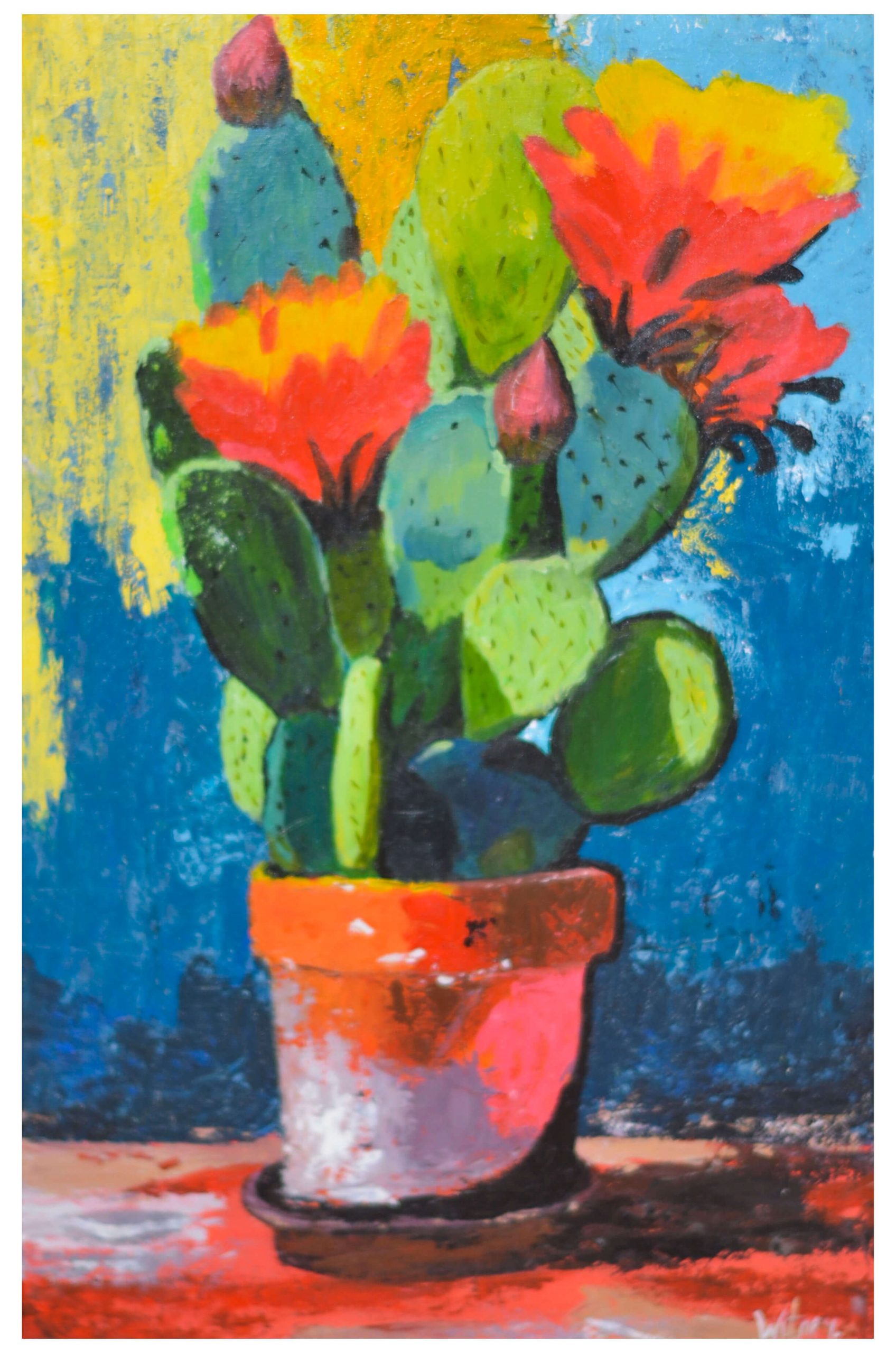 Colorful Cactus Flower Wall Art – Hand-Painted Desert Plant Canvas Décor