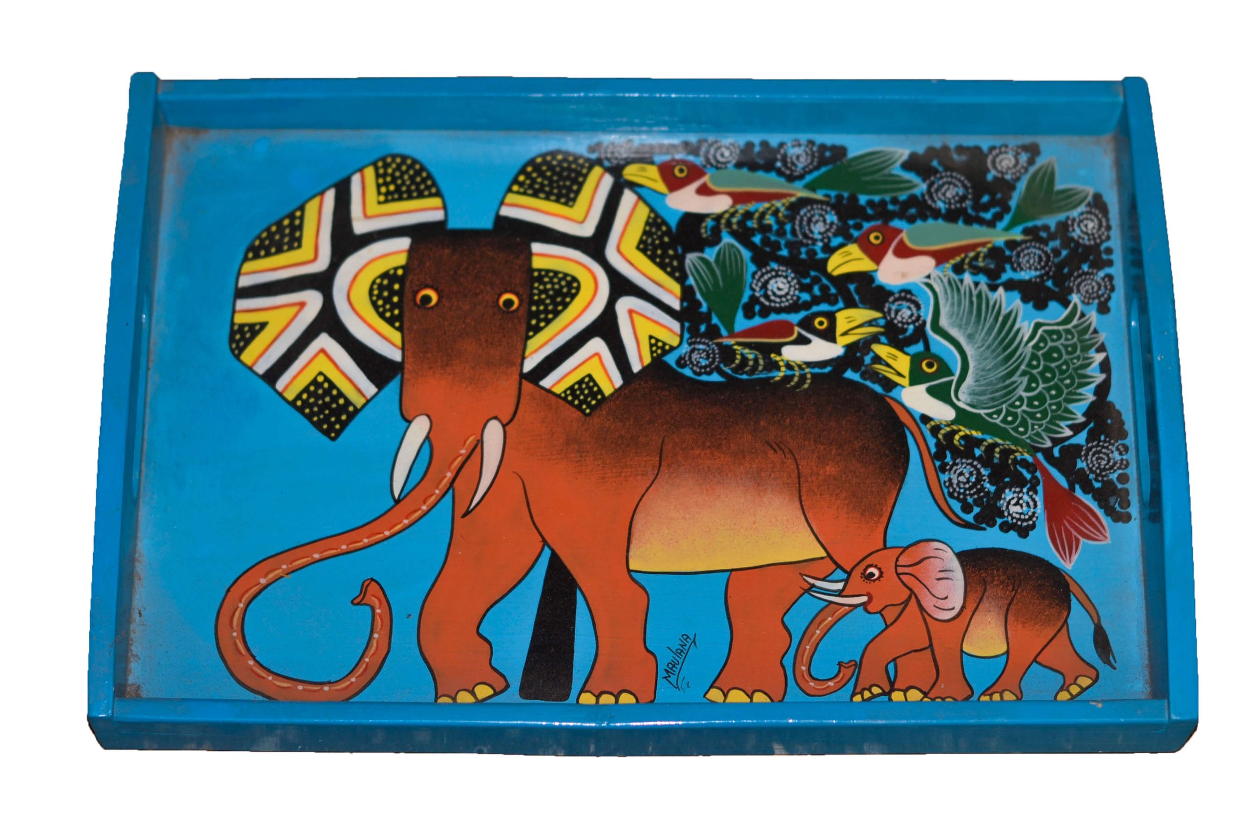 African Elephant Folk Art Decorative Tray – Colorful Wildlife Serving Tray