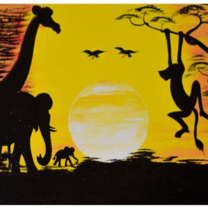 Hand-Painted African Safari Sunset Painting – Wildlife Silhouette Wall Art