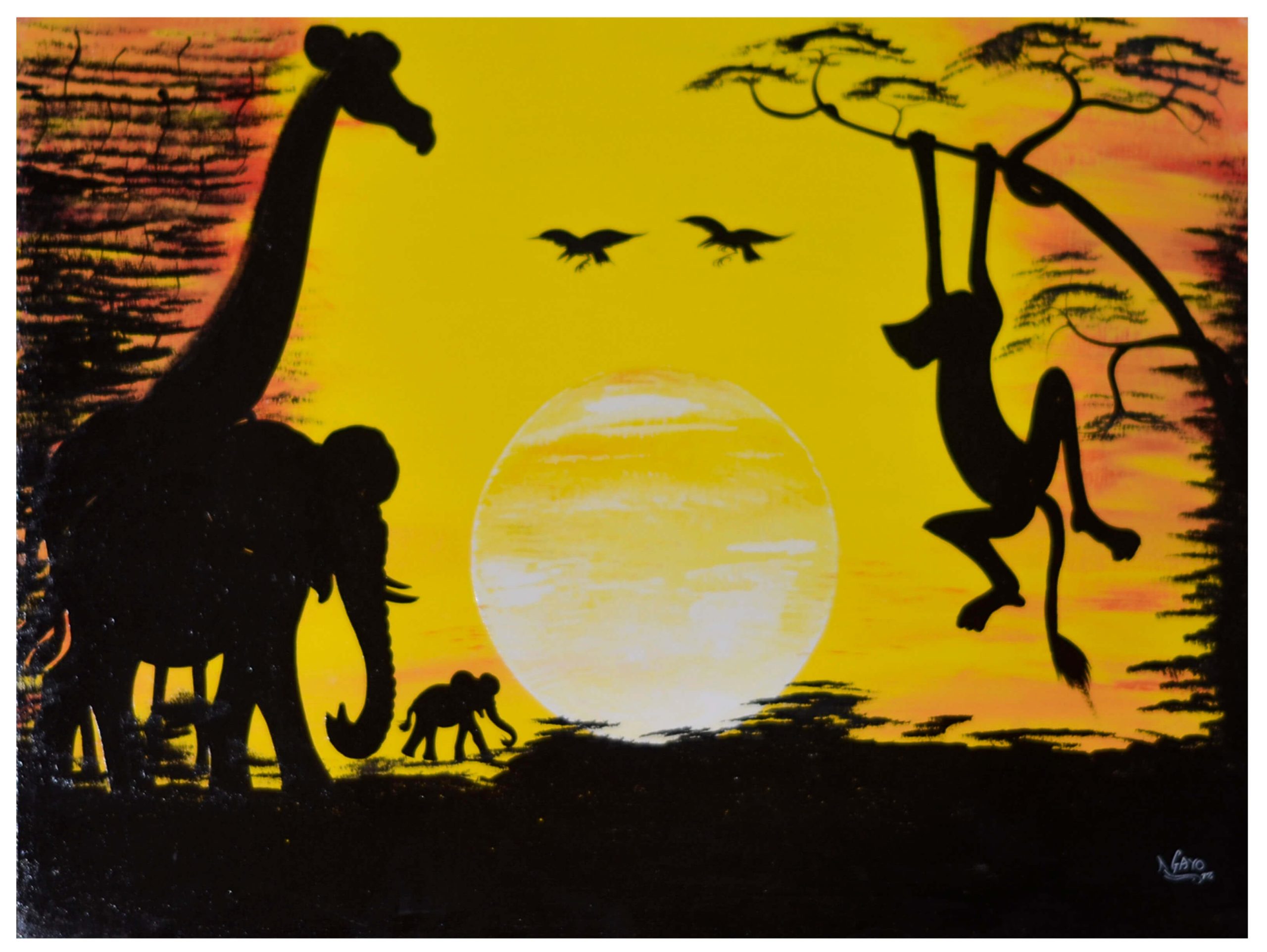 Hand-Painted African Safari Sunset Painting – Wildlife Silhouette Wall Art