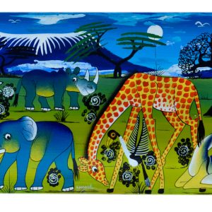 African Safari Wildlife Panorama Wall Art – Colorful Animal Landscape Canvas Painting