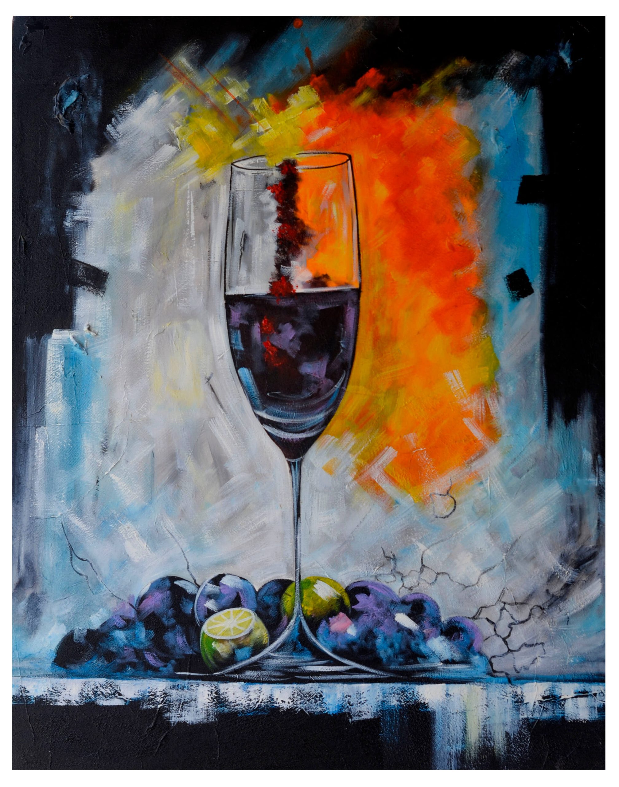 Modern Wine Glass Still Life Painting – Colorful Abstract Wine Wall Art