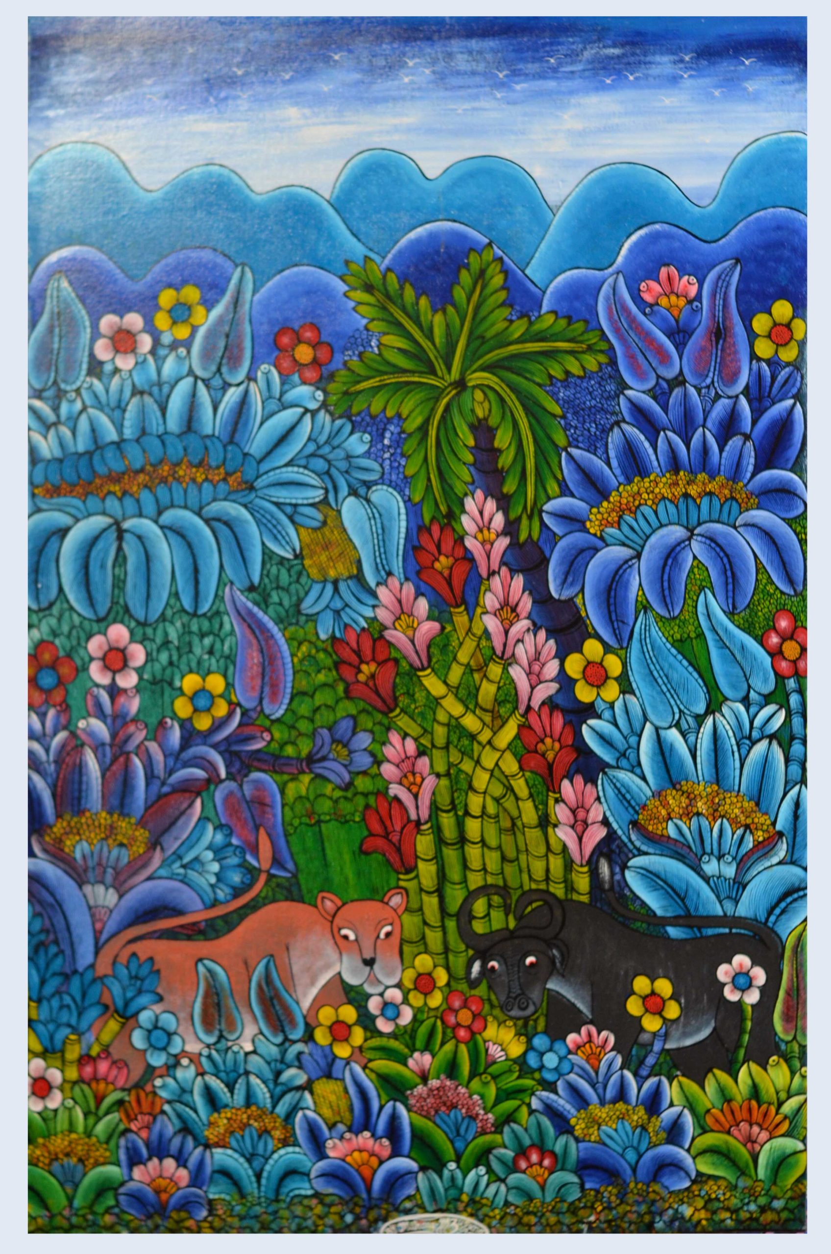 Colorful Jungle Folk Art Painting – Tropical Wildlife Floral Canvas Wall Art