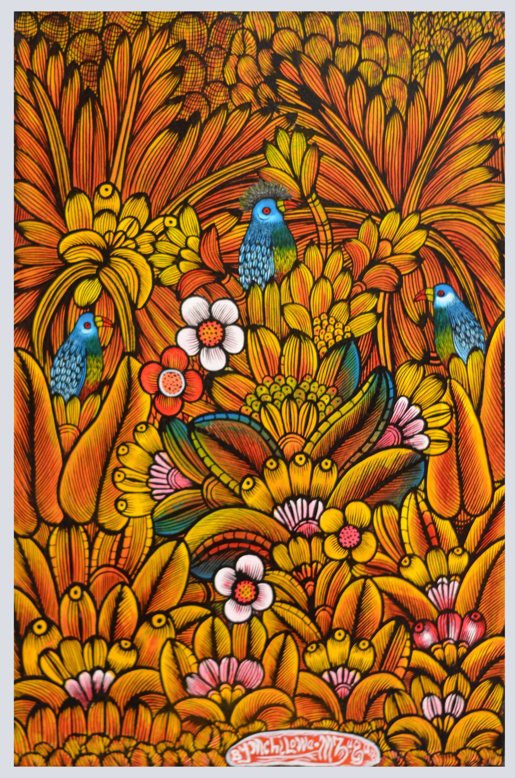 Colorful Tropical Bird Folk Art Painting – Vibrant Floral Nature Wall Art