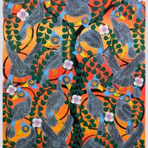 Colorful Bird Tree Folk Art Painting – Vibrant Nature Wall Art
