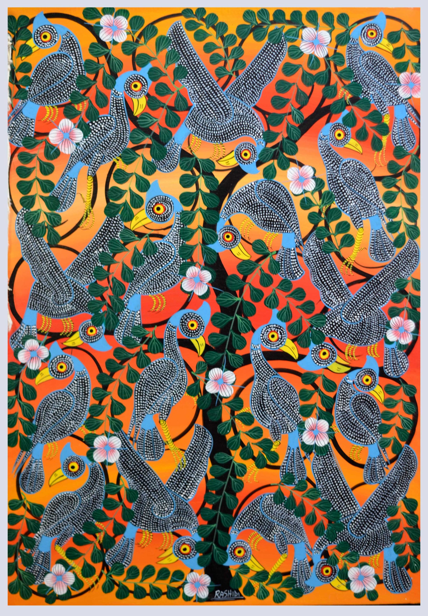 Colorful Bird Tree Folk Art Painting – Vibrant Nature Wall Art