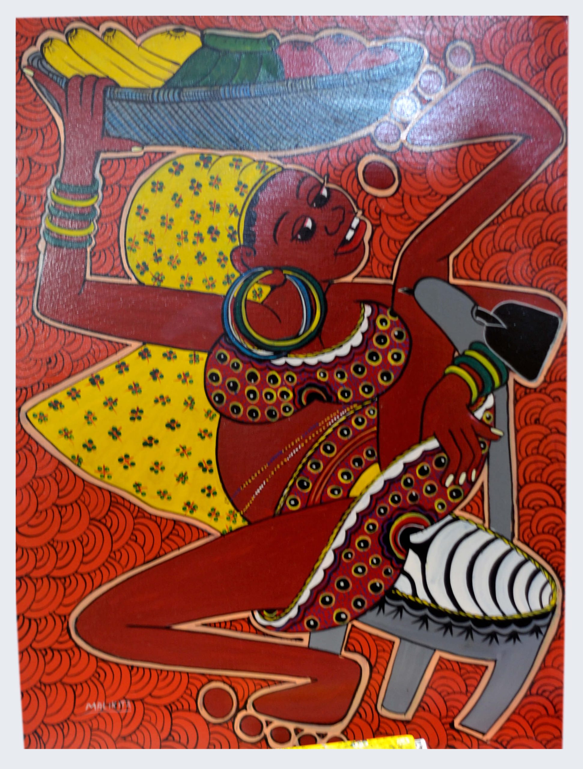 African Woman with Fruit Basket Painting – Colorful Folk Art Canvas Wall Art