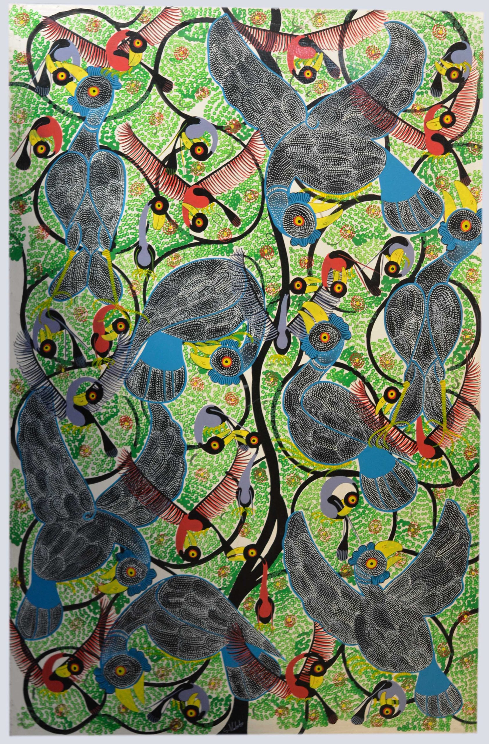 Colorful Birds in Tree Folk Art Painting – Decorative Nature Wall Art