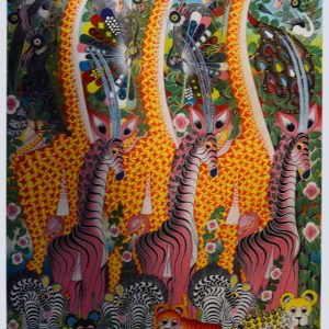 Colorful Giraffe and Safari Animals Folk Art Painting – Vibrant Wildlife Wall Art