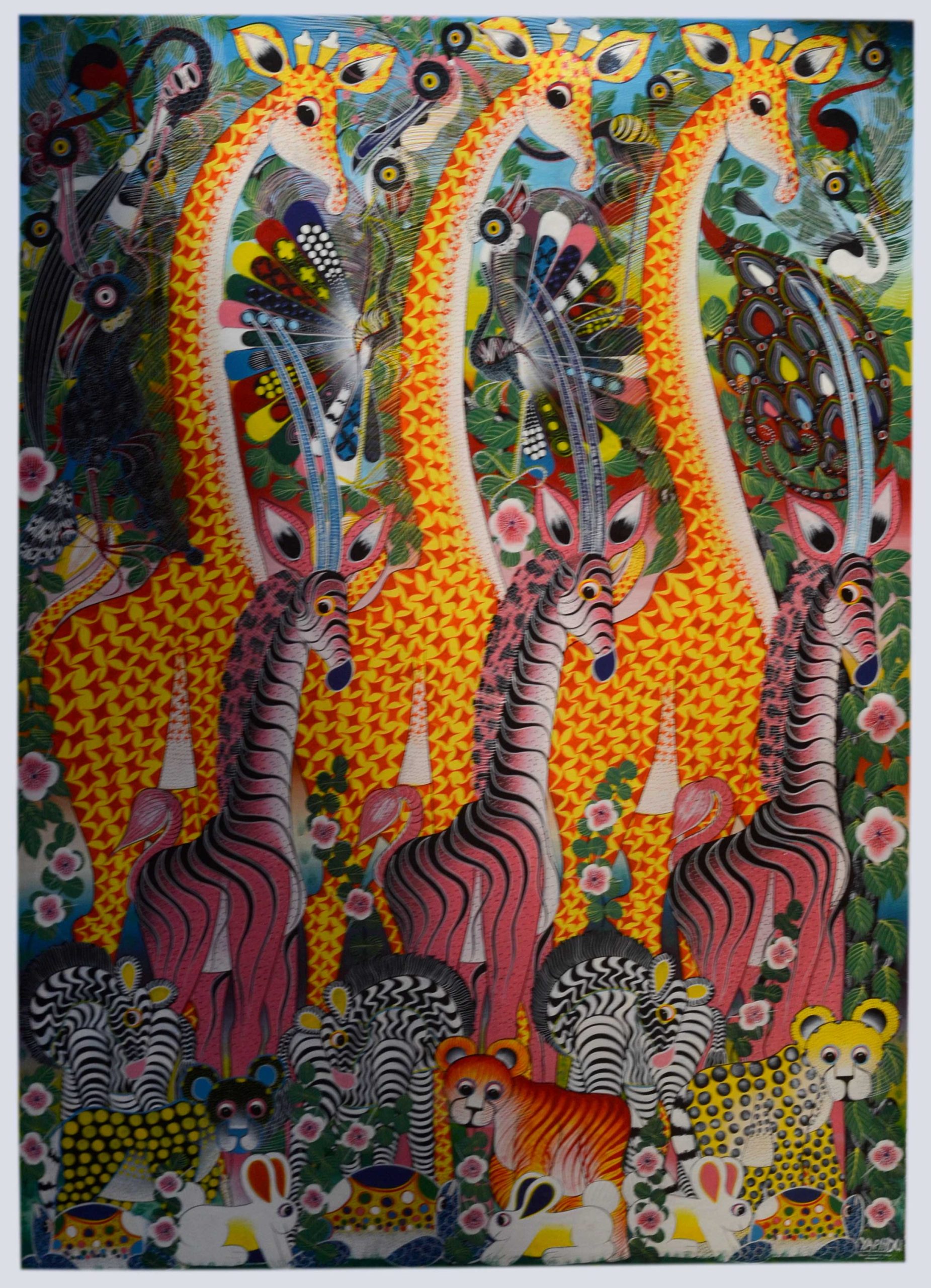 Colorful Giraffe and Safari Animals Folk Art Painting – Vibrant Wildlife Wall Art