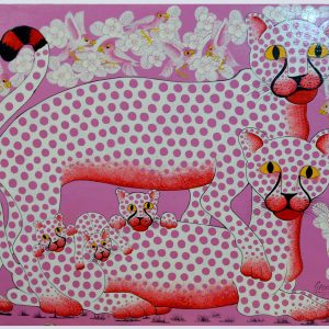 Pink Leopard Family Folk Art Painting – Colorful Wildlife Canvas Wall Art