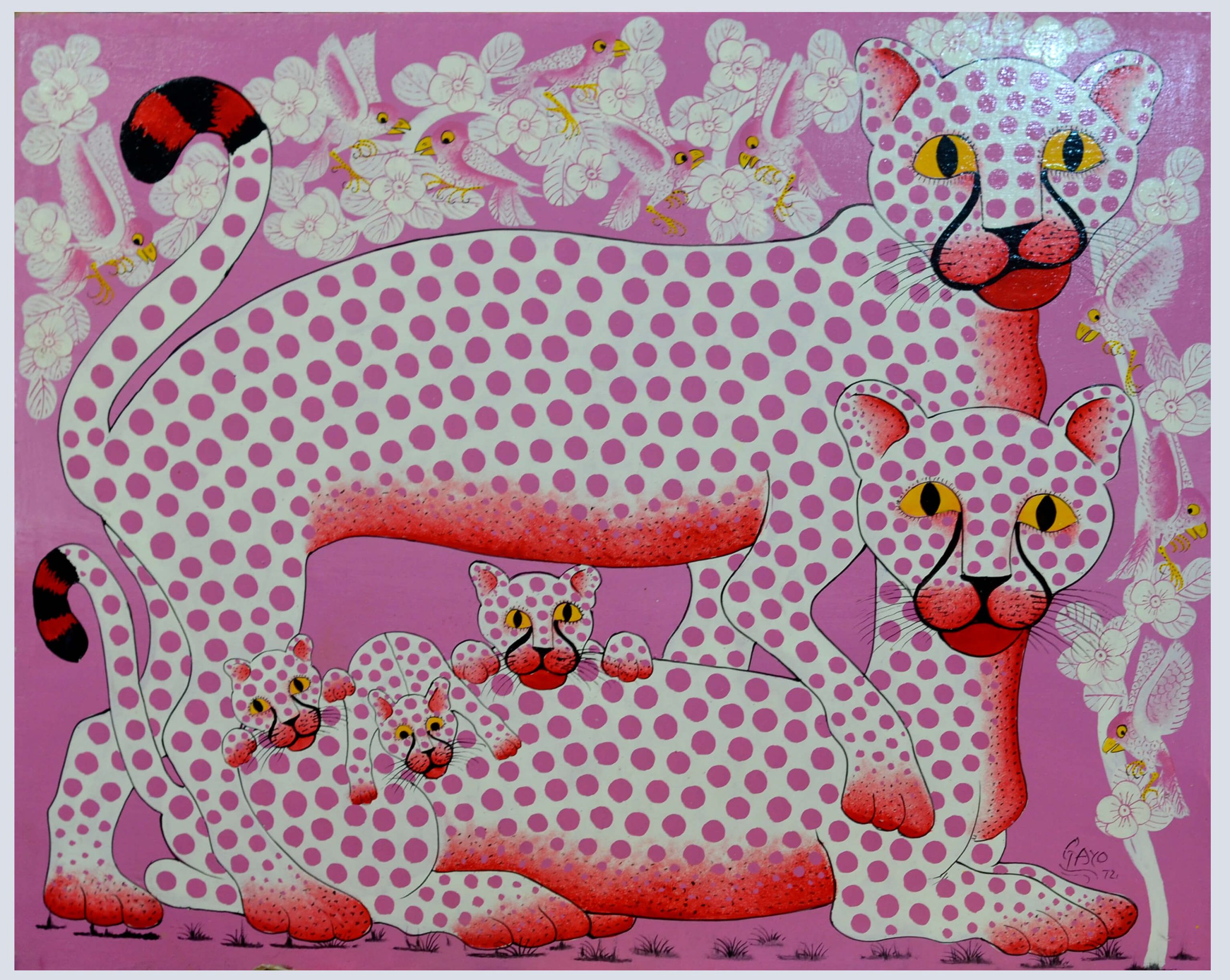 Pink Leopard Family Folk Art Painting – Colorful Wildlife Canvas Wall Art