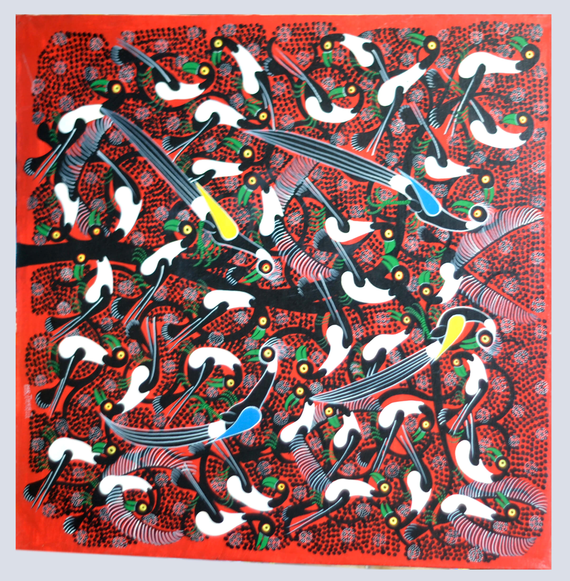 Abstract Bird Pattern Painting – Colorful Folk Art Canvas Wall Art