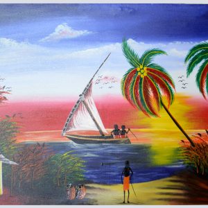 African Sunset River Scene Painting – Traditional Village Landscape Wall Art