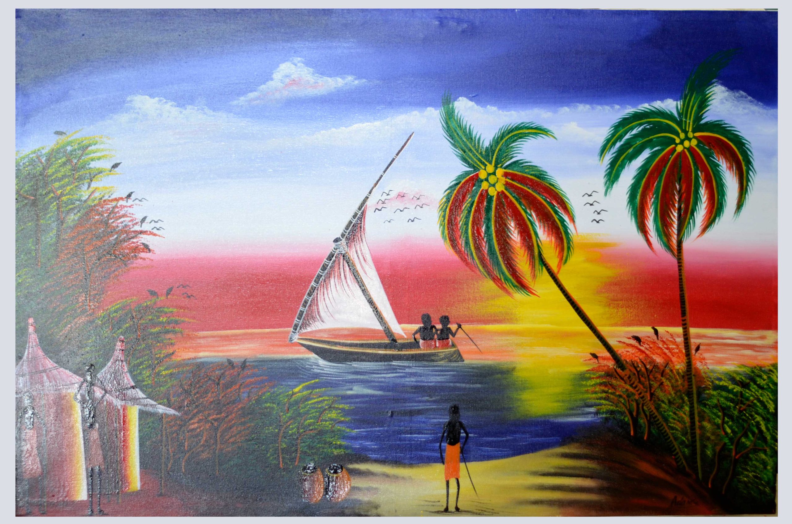 African Sunset River Scene Painting – Traditional Village Landscape Wall Art