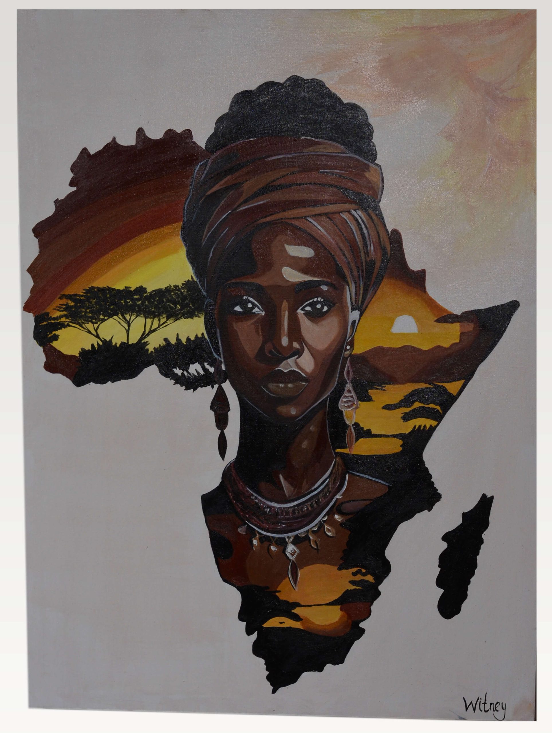 African Woman Silhouette Painting – Sunset Africa Portrait Wall Art