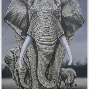 Majestic Elephant Family Painting – Black & White Wildlife Wall Art