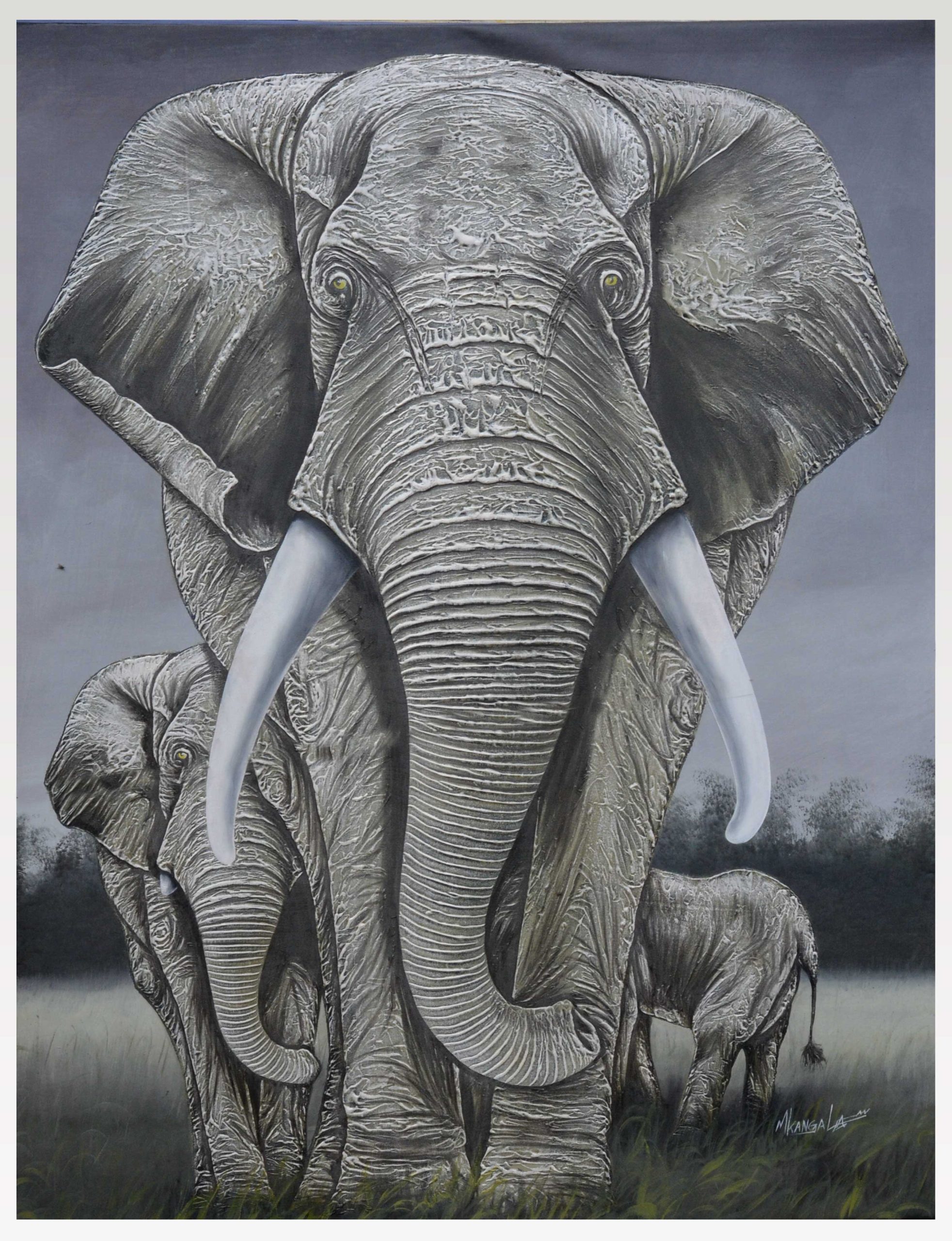 Majestic Elephant Family Painting – Black & White Wildlife Wall Art