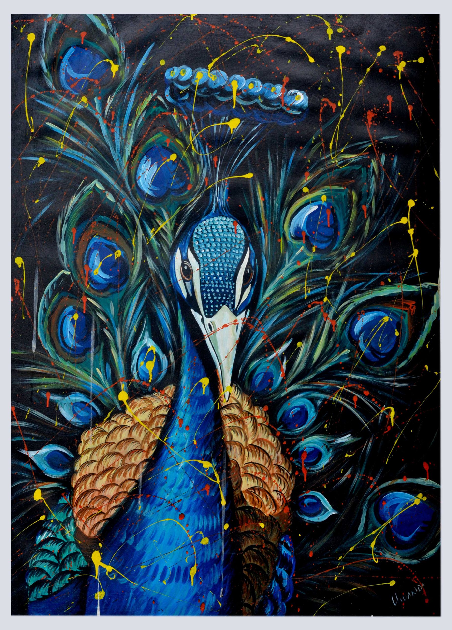 Abstract Peacock Painting – Colorful Modern Bird Canvas Wall Art