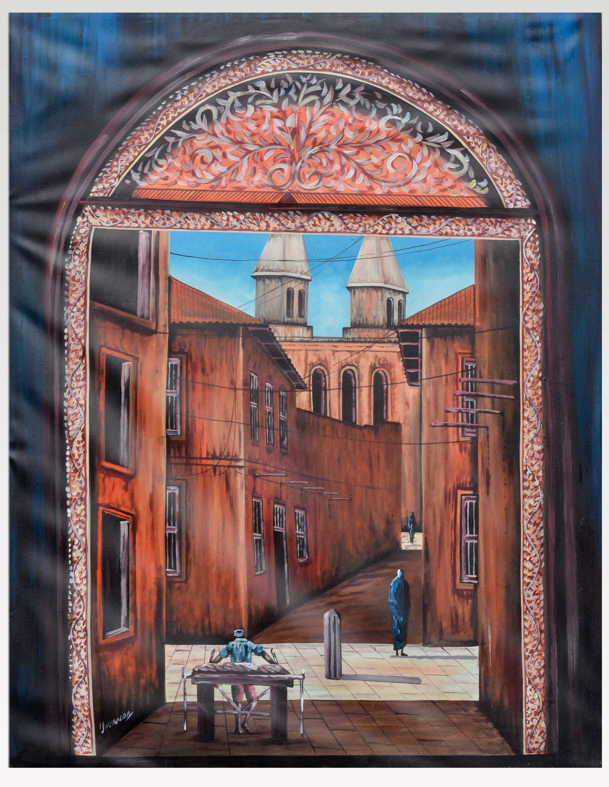 Old Town Street Scene Painting – Architectural Alleyway Wall Art