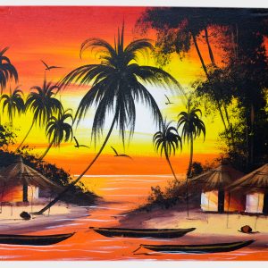Tropical Sunset Village Painting – Palm Tree Landscape Canvas Wall Art