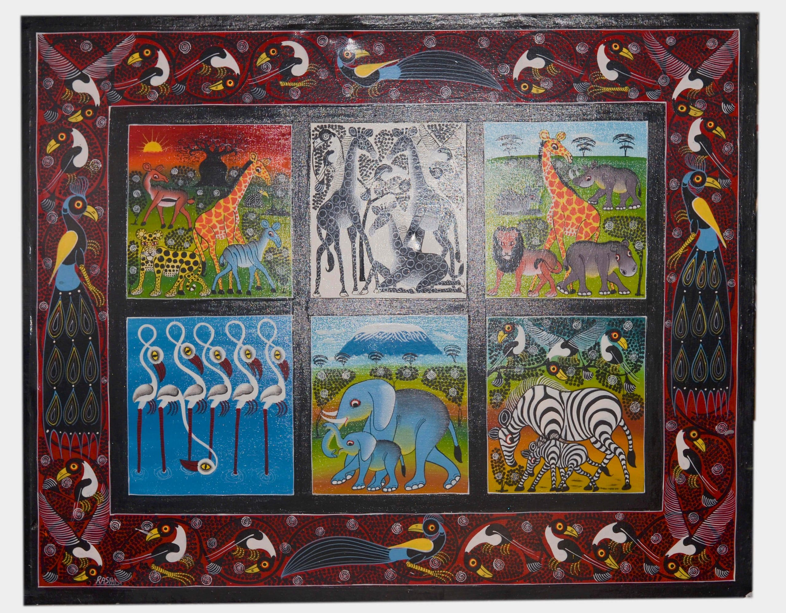 African Wildlife Folk Art Painting – Colorful Safari Animals Canvas Wall Art