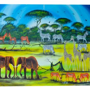 African Savanna Wildlife Painting – Elephant, Giraffe & Zebra Safari Wall Art