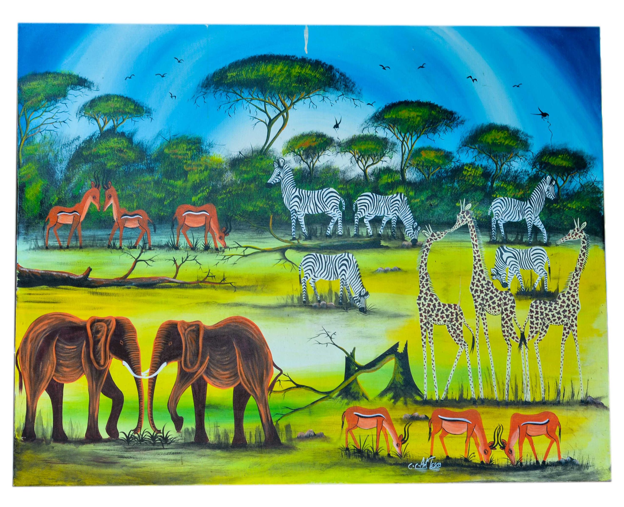 African Safari Wildlife Landscape Painting – Elephant, Zebra & Giraffe Wall Art