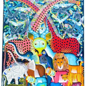 Colorful Safari Animals Folk Art Painting – Vibrant Jungle Wildlife Wall Art