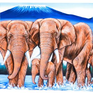 African Elephant Family Canvas Wall Art – Wildlife Landscape Painting with Mountain Background