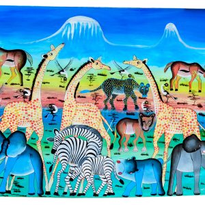 African Safari Wildlife Painting – Giraffe, Elephant & Zebra Savanna Wall Art