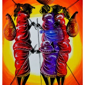 African Women Gathering Painting – Colorful Cultural Folk Art Canvas