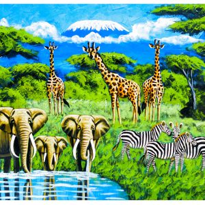 African Safari Wildlife Painting – Elephant, Zebra & Giraffe Nature Wall Art