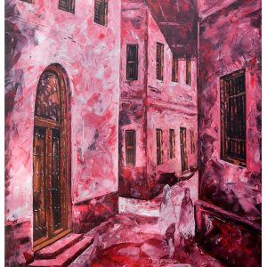 Red Alleyway Cityscape Painting – Expressive Urban Street Wall Art
