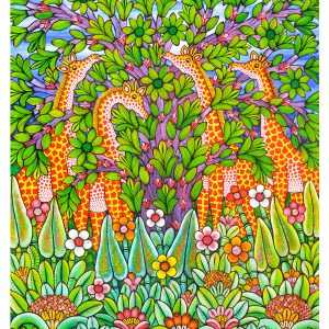 Colorful Giraffe Garden Painting – Whimsical Wildlife Floral Wall Art