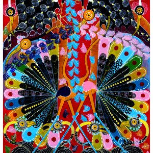 Colorful Peacock Folk Art Painting – Vibrant Decorative Bird Wall Art