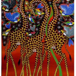 Colorful Giraffe and Birds Painting – African Wildlife Folk Art Canvas