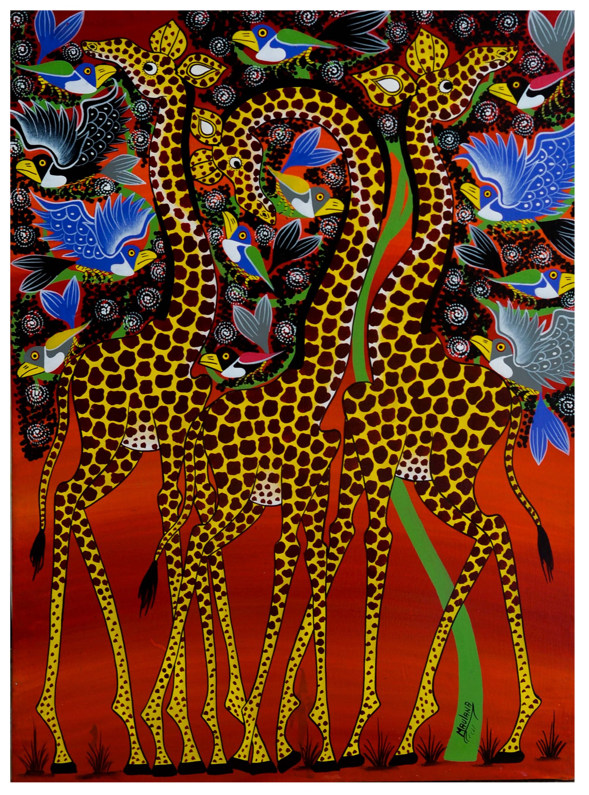 Colorful Giraffe and Birds Painting – African Wildlife Folk Art Canvas