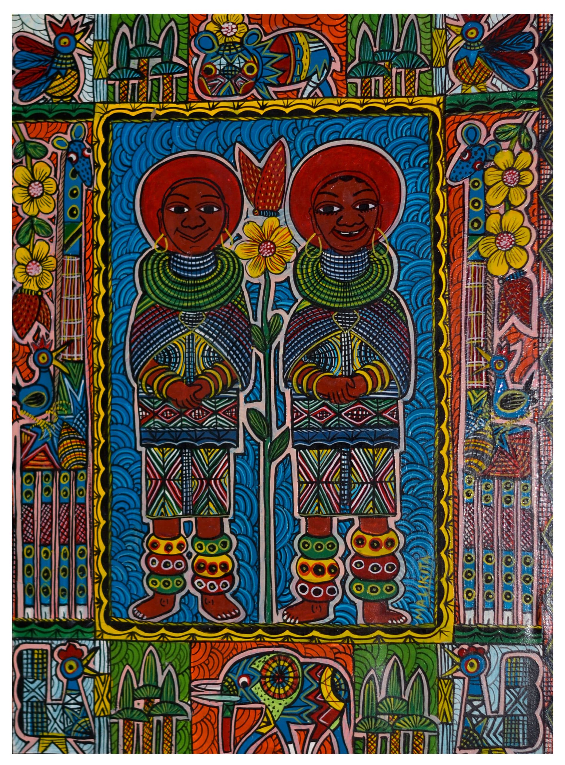 African Folk Art Painting – Colorful Tribal Women & Wildlife Wall Art